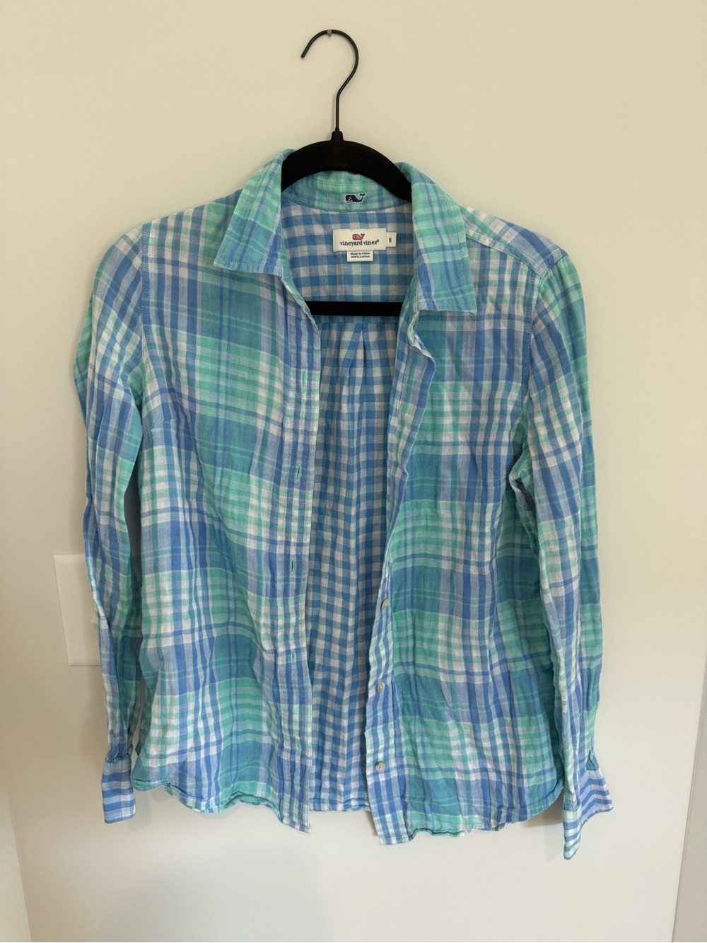 Vineyard Vines Blue and Mint Plaid Cotton Button-Down